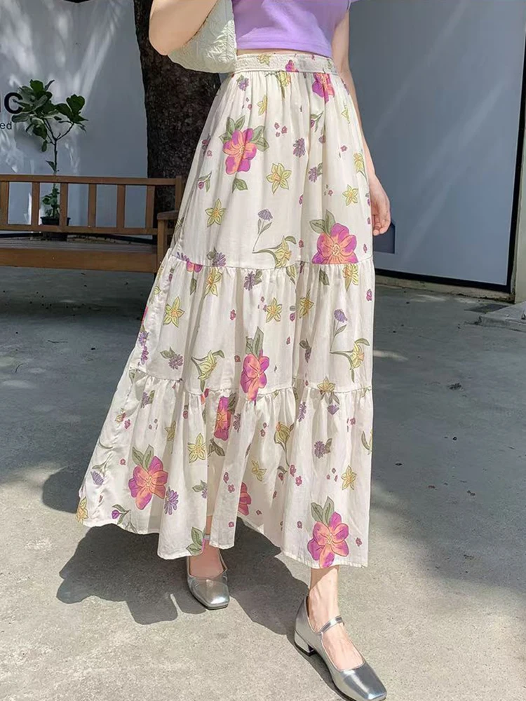 Jmprs Bohemian Floral Long Skirt Women High Waist Sweet Elegant Skirts Casual Loose Vintage Korean Female All Match Long Skirts