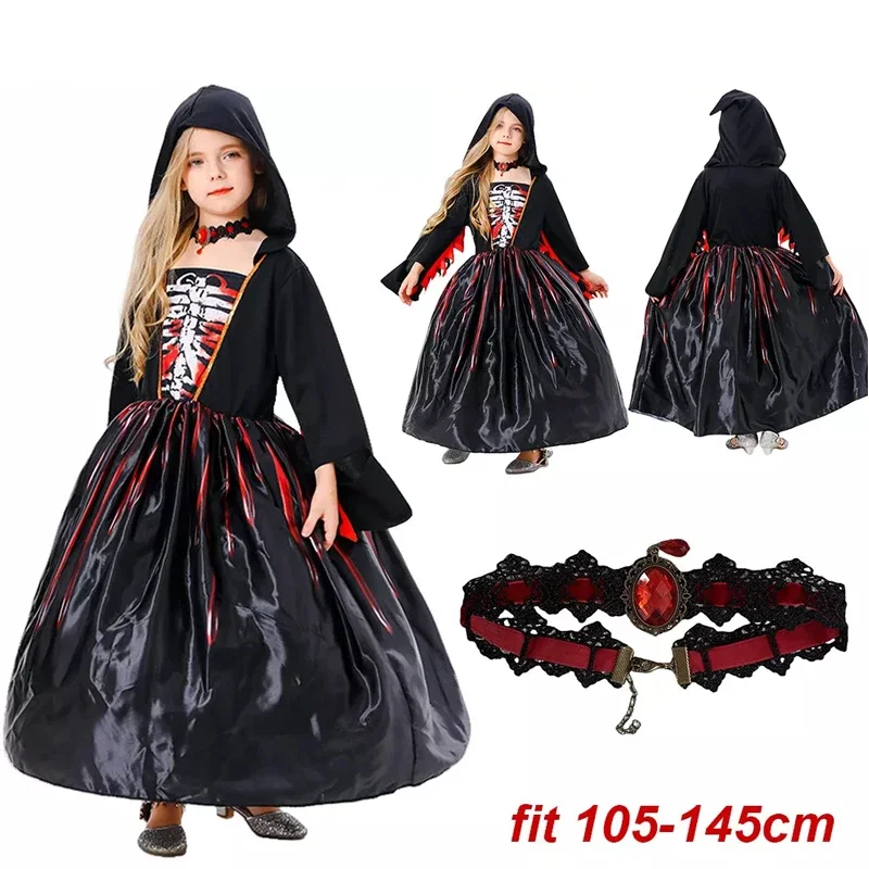 

Halloween Kids Witch Skeleton Dress with Necklace Party Masquerade Black Horror Cosplay Costume Girls Perform Costume Props