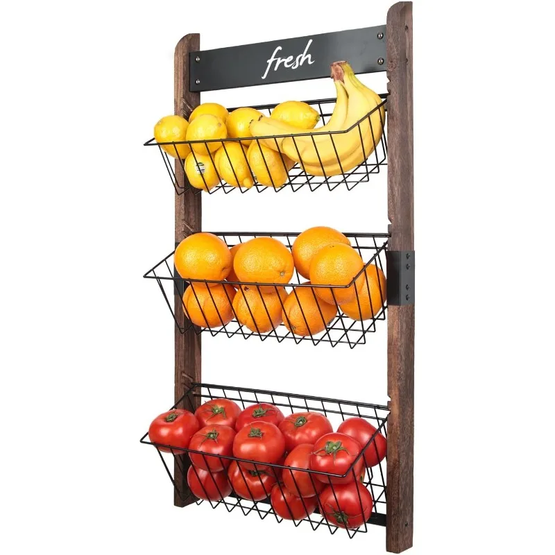 

DESIGN 3 Tier Wall Mount Fruit Basket, Hanging Wire Fruit Vegetable Storage Organizer Rack for Kitchen with Chalkboar