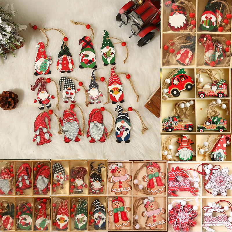 9/12pcs Christmas Dwarf Wooden Pendant Christmas Tree Hanging Ornaments New Year 2024 Christmas Gift Decorations Noel Home Decor