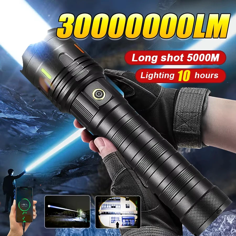 2025 neue High Power LED Taschenlampe USB Aufladbare Zoom Taschenlampen Long Range 5000 M Taktische Taschenlampe Camping Angeln Arbeit Lampe