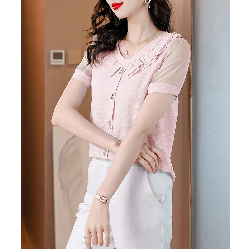 2024 Summer Women Korean Fashion Ruffle Elegant Blouse Office Lady Casual Short Sleeve Chic Shirts V Neck Solid Slim Tops Blusas