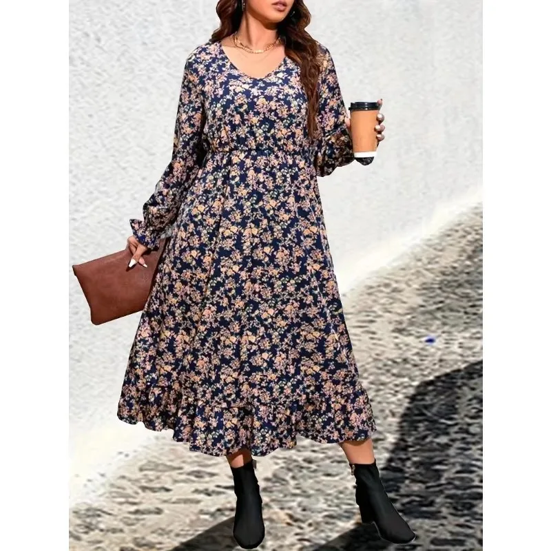 Plus rozmiar 1XL-5XL Casualowa sukienka damska Plus kwiatowy Print latarniowy rękaw V Neck Smock Dress