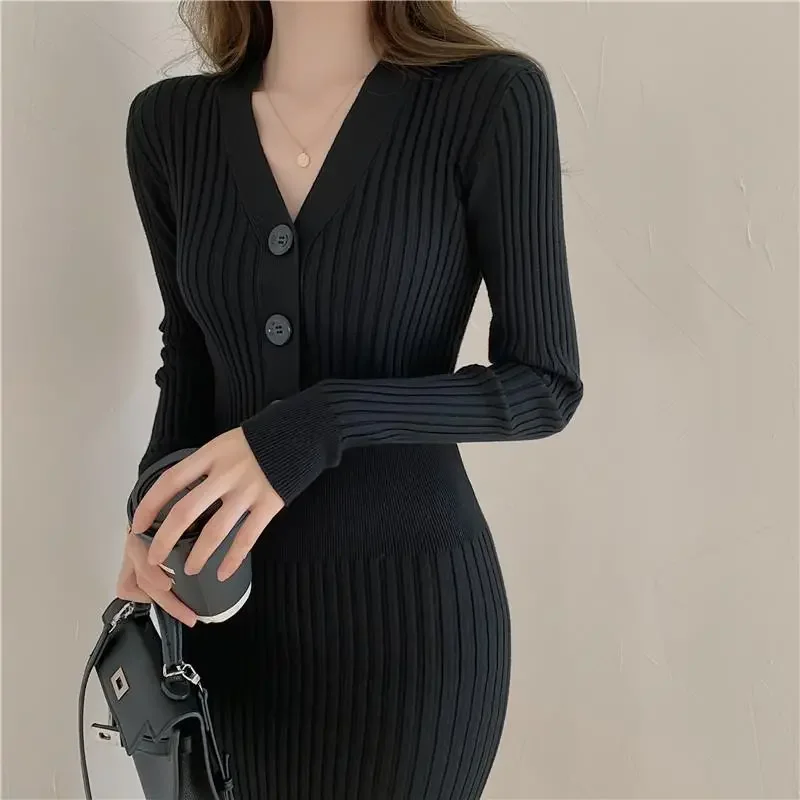 Autumn Winter Knitting Sweater Dress Women 2024 New Fashion Loose The Waist Button Pure Colour V-Neck Dresss Female