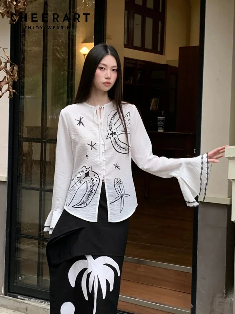 CHEERART Bird Flare Sleeve Women'S Blouses And Shirts Tie Front Long Sleeve Top Light Blue White Designer Blouse Shirt Fashion