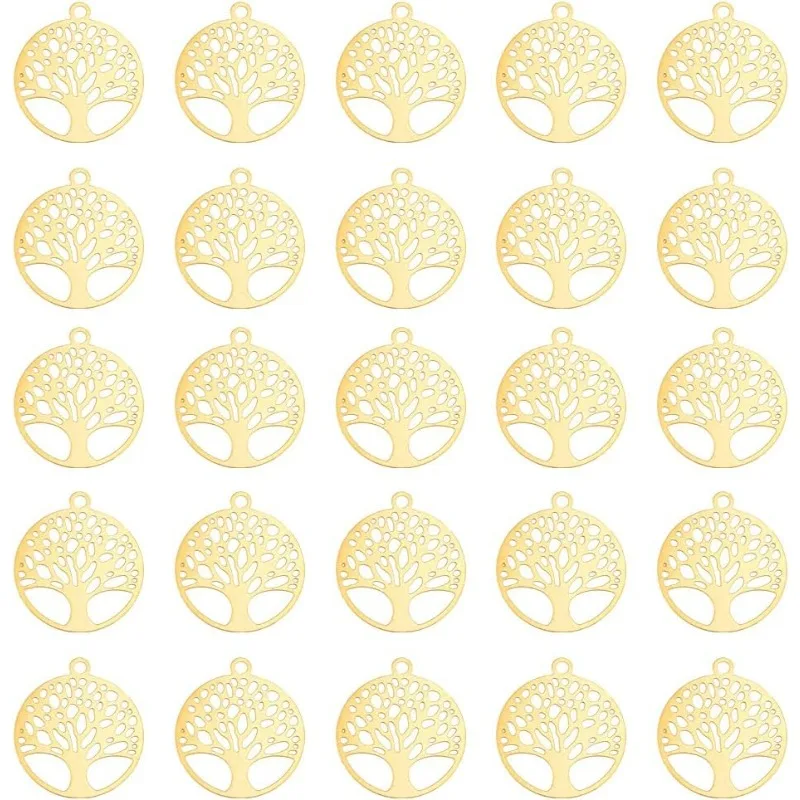 

60Pcs Golden Tree of Life Charm Hollow Flat Round Charm Filigree Tree Pendant Etched Metal Embellishment Charm Brass Dangle