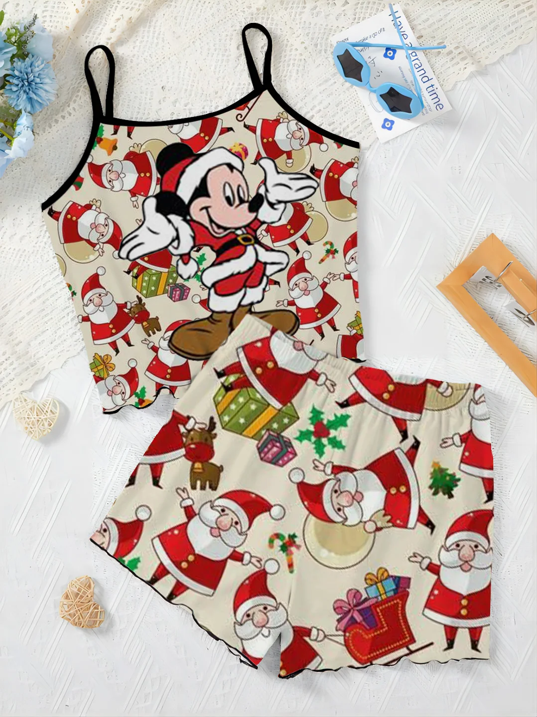 Pajama Skirt Top Women's Suit Home Dress Christmas Disney Minnie Mouse T-shirt Short Sets Mickey Lettuce Trim Pieces Elegant Top