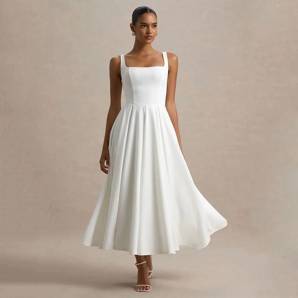 Maßgeschneiderte Damen-Partykleider, Midi-Tanktop, quadratischer Kragen, A-Linie, einfache Partykleider, Teelänge, ärmelloses Heimkehrkleid, kurz