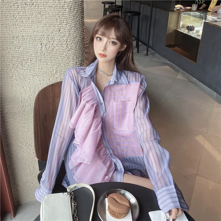 Fairy Long-sleeved Chiffon Shirts Ruffles Blouses Female Autumn Loose Pleated Single-breasted Lotus Cardigan Crop Blusas Mujer