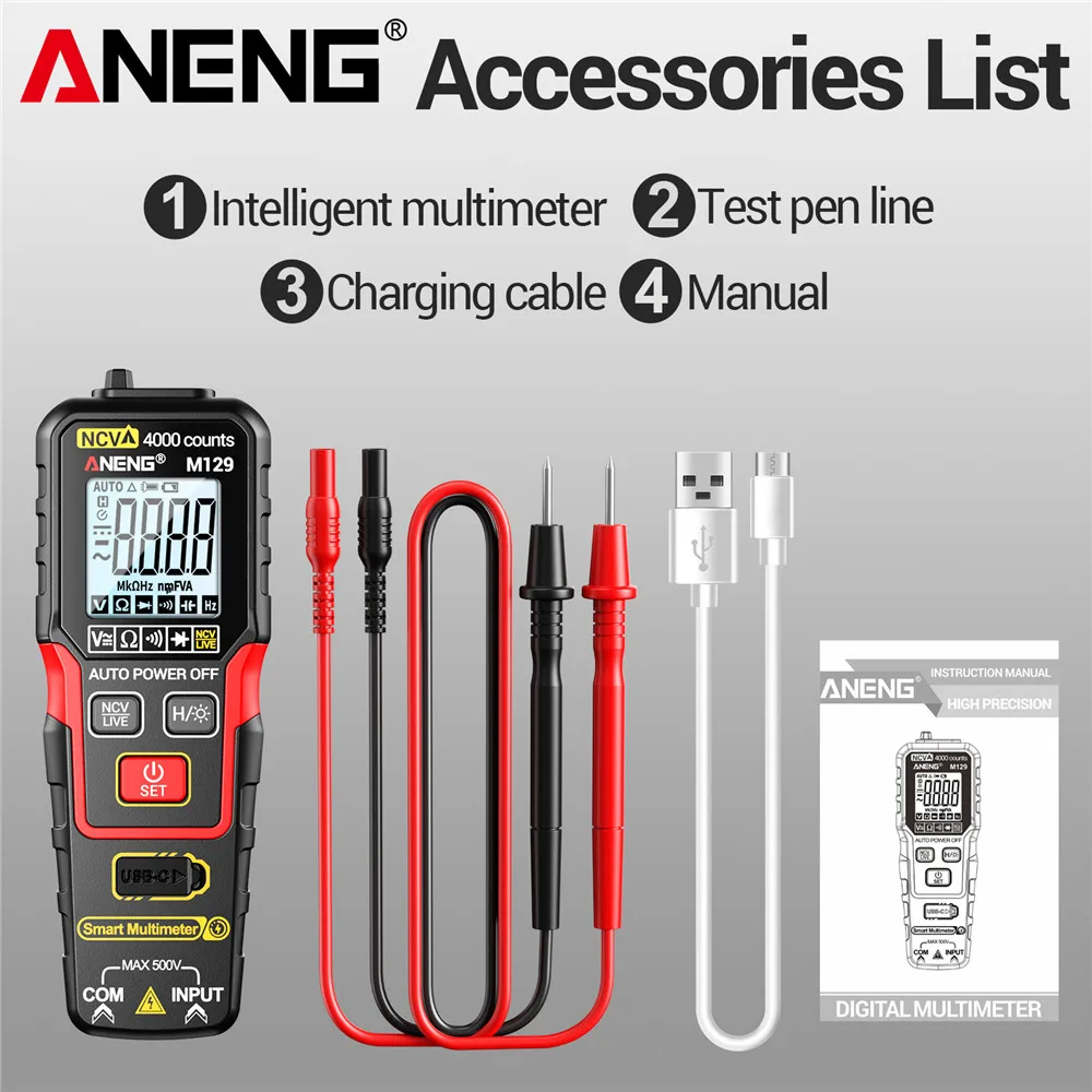 ANENG M129 Digitales Multimeter 4000 Anzeigen 500V AC/DC Spannung NCV Widerstandsmessgerät mit Taschenlampe Hintergrundbeleuchtung Automatische Abschaltung Kompakt