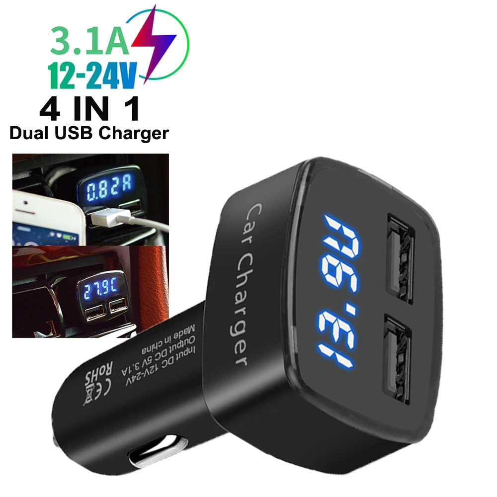 

Dual USB Output Car Charger Phone Power Adapter 4 in 1 Digital Voltmeter Current Tester Thermometer Display 3.1A Universal