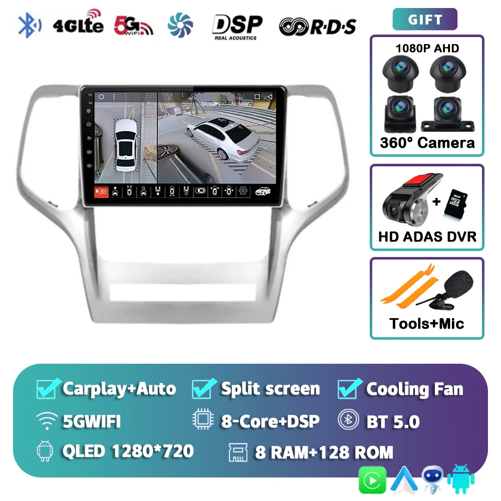 Android 15 voor Jeep Grand Cherokee 2008 2009 2010 2011 2012 2013 QLED scherm autoradio multimediasysteem Carplay Auto navigatie
