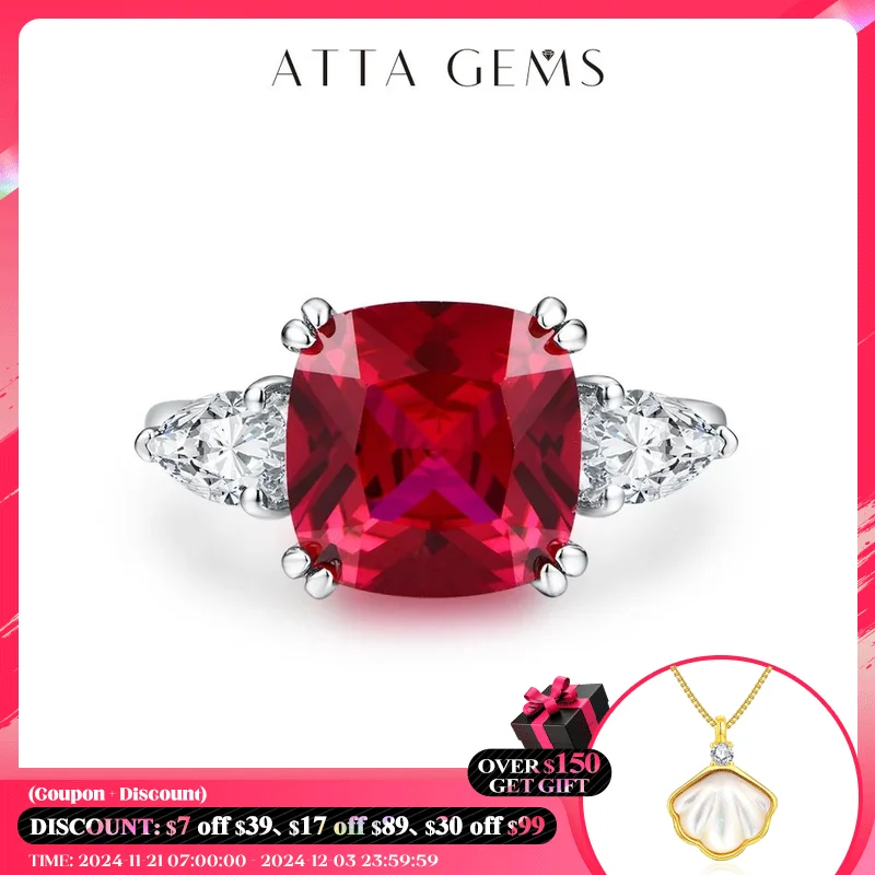 ATTAGEMS 2024 Cushion Cut 10*10mm 925 Sterling Silver Red Ruby Ring for Women With Certificed Engagement Promise Wedding Jewelry