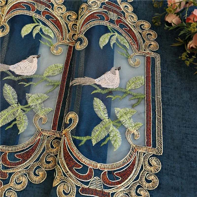 Modern Blue Bird Embroidered Semi-Blackout Curtains for Living Room Window Luxury Custom Decoration Bedroom Curtain Luxury Decor