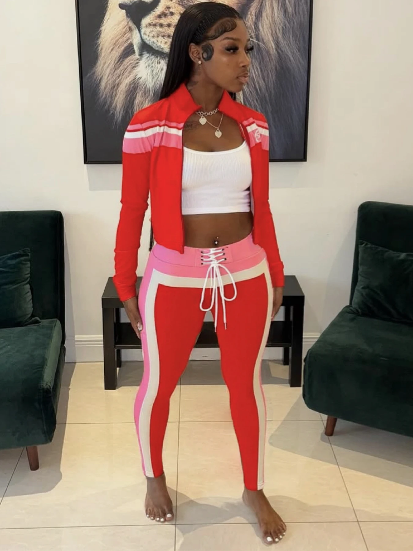 

Whatiwear Contrast Patchwork 2 Piece Set Women Zip Cardigan Full Sleeve Jacket+Drawstring Skinny Pants Daily Casual Sporty Suits