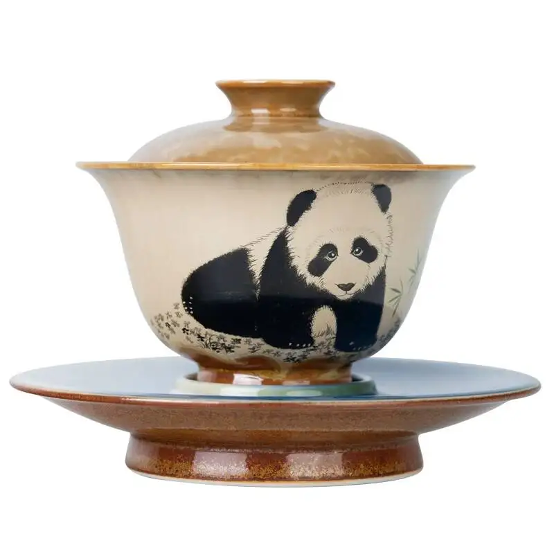 Holy Mountain Firewood Kiln Hand-Painted Panda Jingdezhen Kung Fu Set Ceramic Three-Piece Gaiwan Tea Bowl