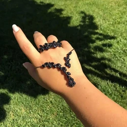 Black Crystal Palm Bangle Bracelet Belly Dance Bridal Jewelry Dainty Leaves Zirconia Ring Bracelet Set Birthday for Women Gift