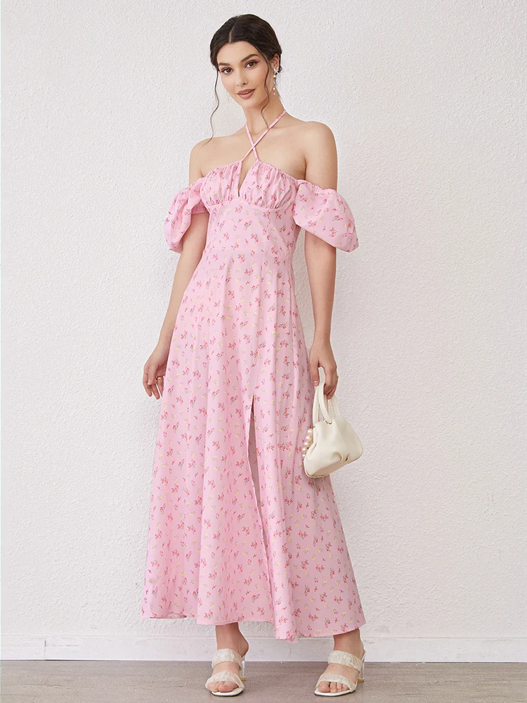 HTZMO Floral Summer Dress Women Sexy High Side Split Dresses Puff Sleeves Square Neck Tie Up Boho Robe Holiday Beach Wear 2021