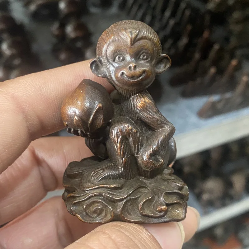 Antique Collection Distressed the Nimble Monkey Brings Forth Good Fortune Solid Copper Monkey Holding Peach Zodiac Monkey Tea Or