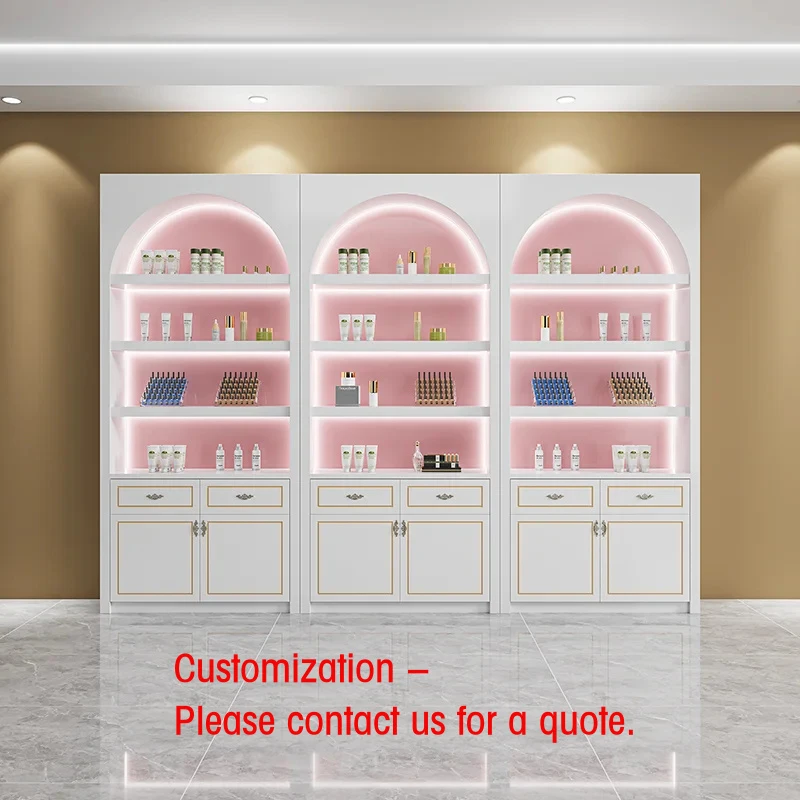 custom.Luxury Standing Wooden Cosmetic Display Stand LED Lighting Heavy Duty Glass Back Ladder Shelf Customizable Dimension