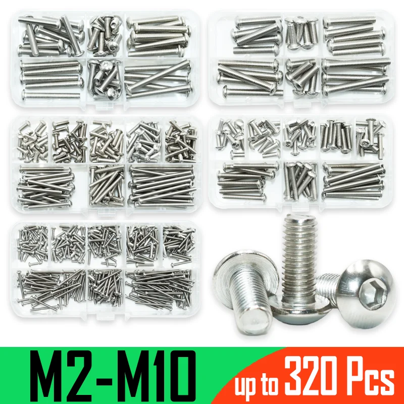 

M2 M3 M4 M5 M6 M8 M10 A2 304 Stainless Steel Hex Hexagon Socket Allen Button Head Screw Bolt Round Flat Head Screws Kit ISO7380