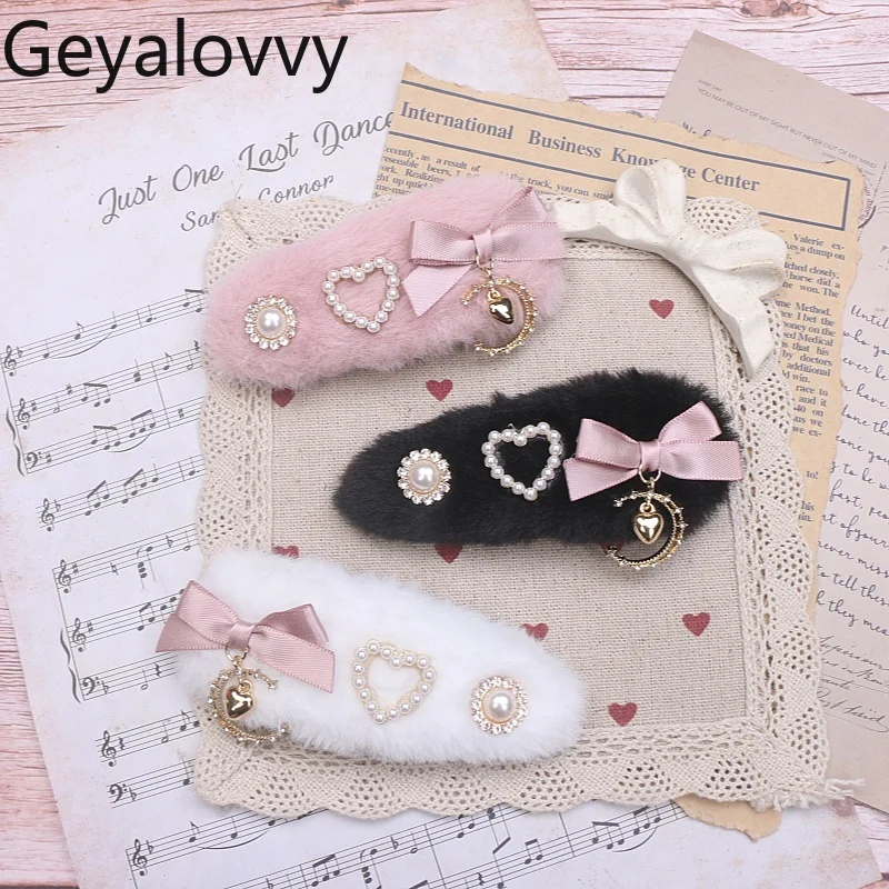 

Японский стиль, ручная работа, милые милые заколки для волос с пушистым бантом для девочек, повседневная универсальная заколка с подвеской в виде сердца, заколки для волос, аксессуар