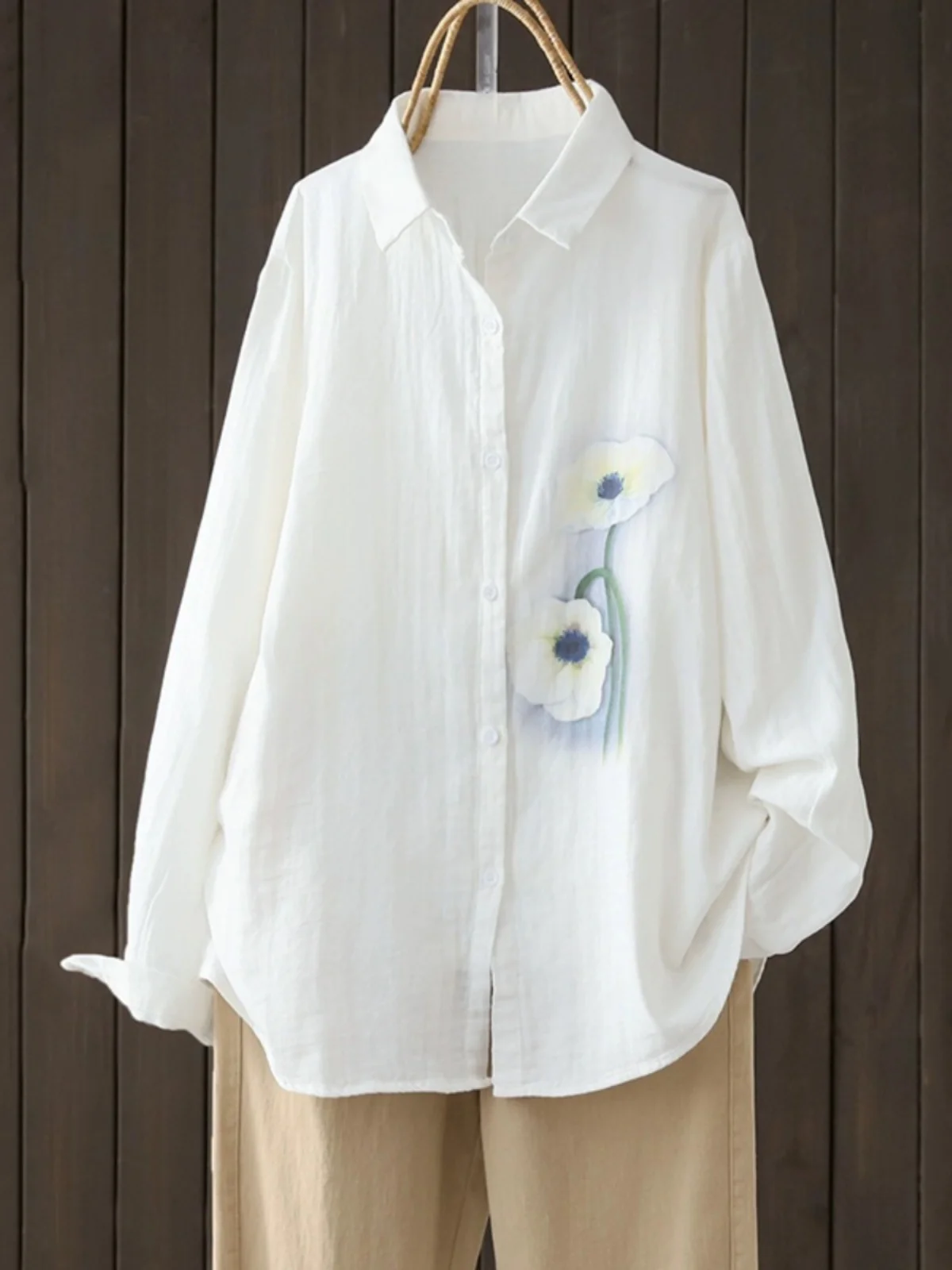 

Korean Sle Linen White irt Women's Spring Autumn Loose Slimming Print Long Sve Open Cardigan Top Faion Commute