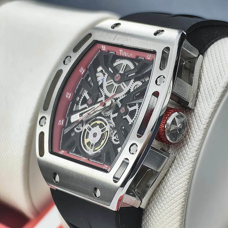 TVSILA Original Miyota Men's Automatic Mechanical Watch Stainless Steel Case Silicone Band Skeleton Waterproof Sport Wristwatch