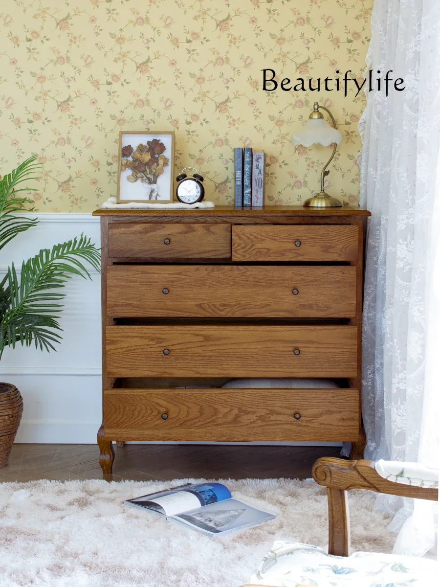 

American Country Oak Chest of Drawers Antique Solid Wood Storage Cabinet