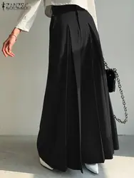 ZANZEA Fashion Pleated Wide Leg Pants Autumn Vintage Solid Trousers Woman Casual High Waist Pantalon Oversized OL Work Palazzo