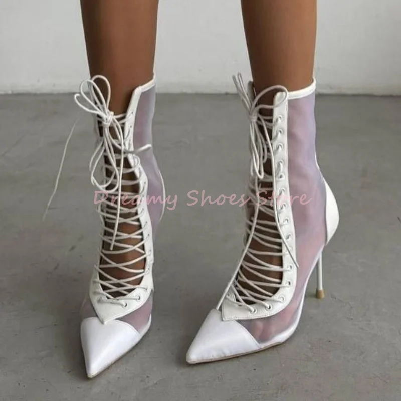 

White Mesh Lace Up Pointed Toe Thin Heel Ankle Boots Women Patchwork Leather Sandals Boots Elegant Fashion Party Summer Shoes