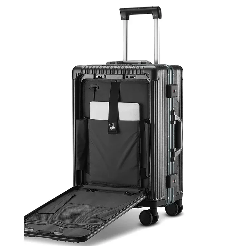 28 Inches Suitcase Front Opening Aluminum Frame Rolling Luggage Spinner USB Cup Holder Phone Stand Cabin Carrier Draw Bar Box