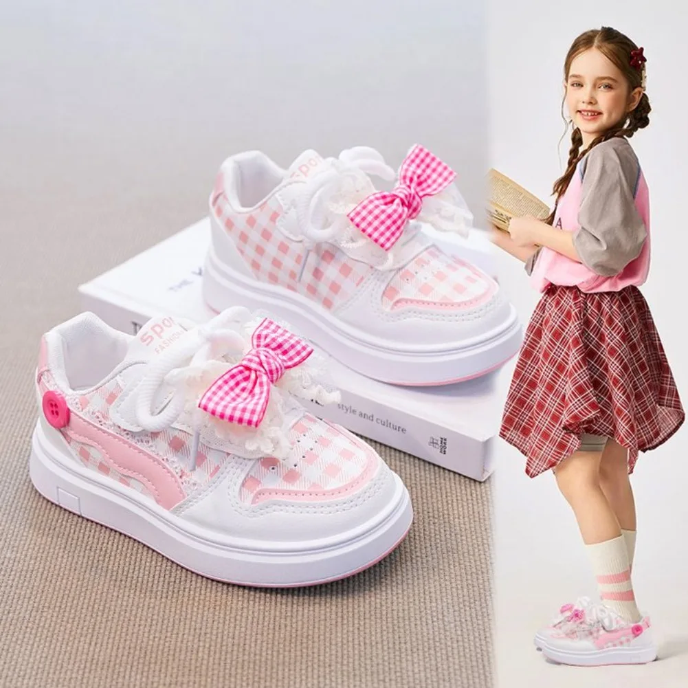 Kids Sneaker Girls' 2026 Spring Plaid Bow Sneakers Sweet Soft Soled Sneakers Children'S Casual Shoes Kids Sneakers Size 26-37