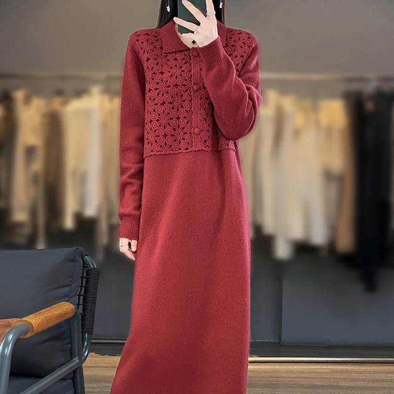 Women\'s Polo Neck Embroidered Cashmere Sweater Knit Dress, Long Knee-length Skirt, Loose Slim Dress, Autumn and Winter