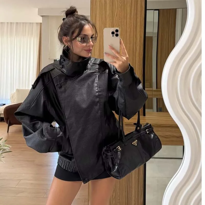 

YENKYE Autumn Winter Black Faux Leather Jacket For Women Front Zipper High Neck Long Sleeve Fashion Motorcycle Coat