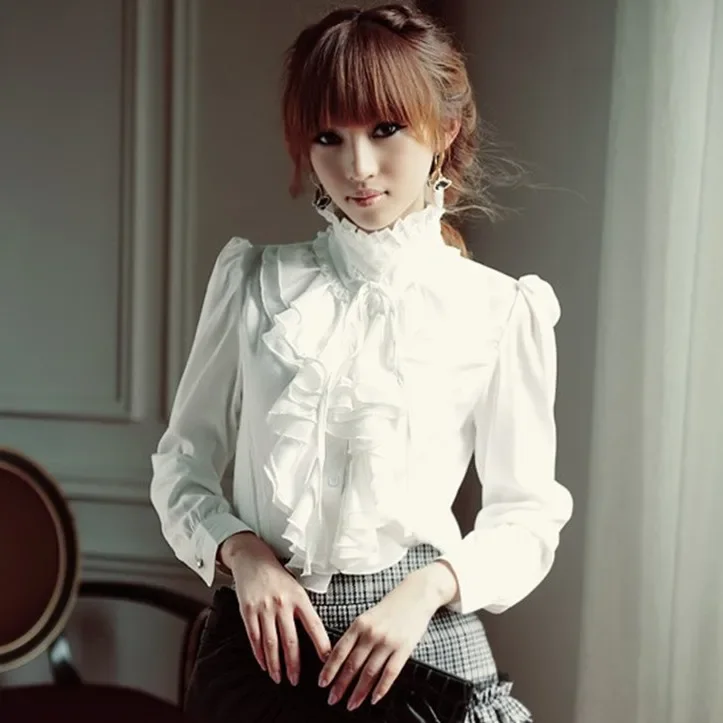 

Oversize Women Lolita Shirt Long Sleeve Stand Collar Chiffon Blouses With Ruffles Ladies Bow Shirt Royal Style Gothic Shirt