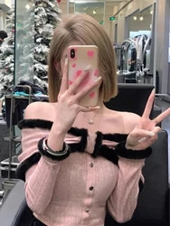 Sweet Fashion Patchwork Fluffy Pullover Y2k Aesthetic All Match Slash Neck Crop Top Casual Bottoming Women Off Shoulder Knitwear