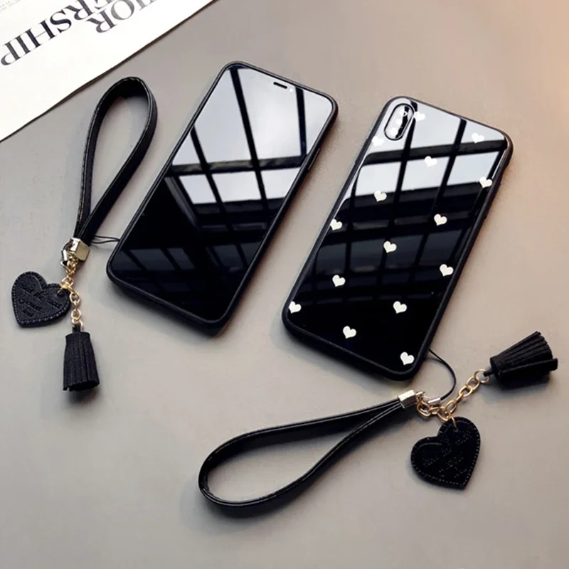 Tempered Glass Love Heart Phone Case for Samsung S24 Ultra S23 Plus S22 S21 S20 FE S9 S8 Note 10 20 Hard Back Cover Lanyard