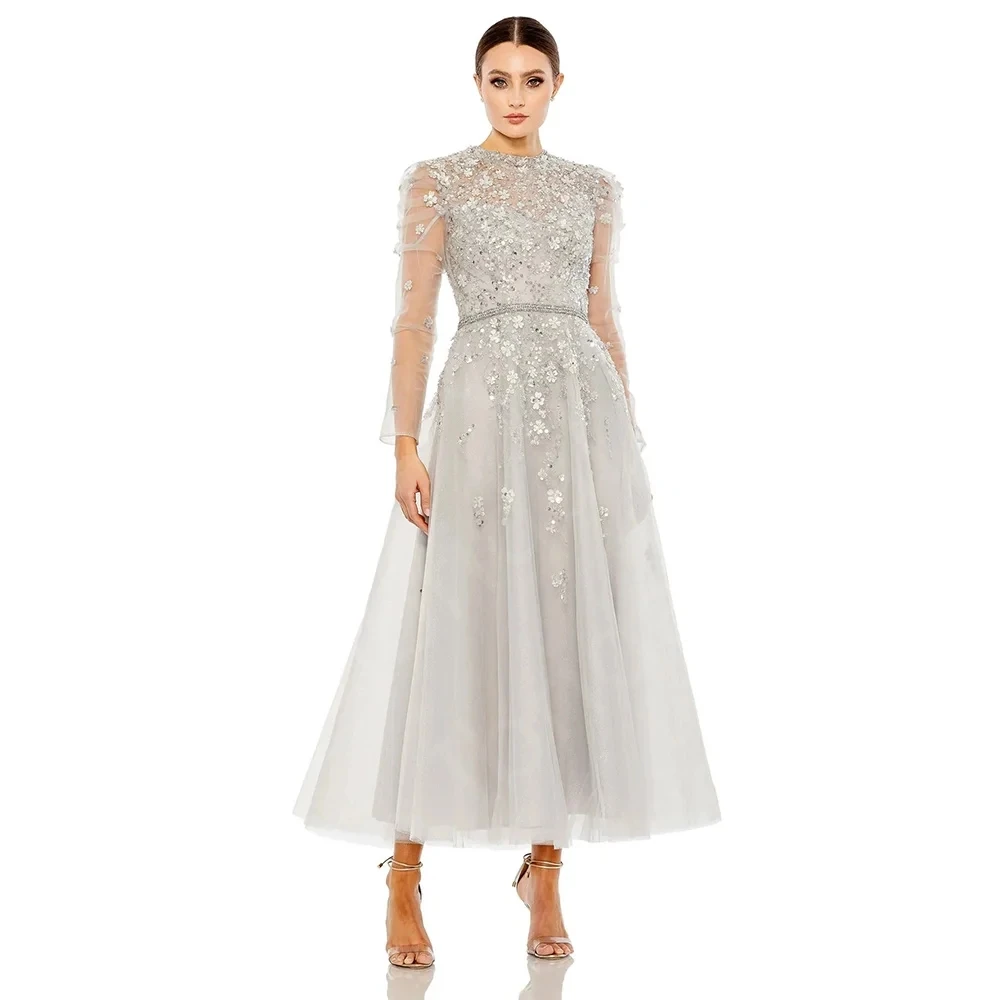 

Gorgeous Silver Mother of the Bride Dress 2026 O-neck Long Sleeves Sequins Lace Beads Ankle Length Mom Wedding Formal Party Gown