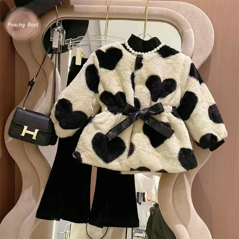 Winter Baby Girl Princess Love Strap Fur Jacket Long Sleeve Bowknot Hidden Buckle Children Coat Thick Warm Outwear Baby Clothes