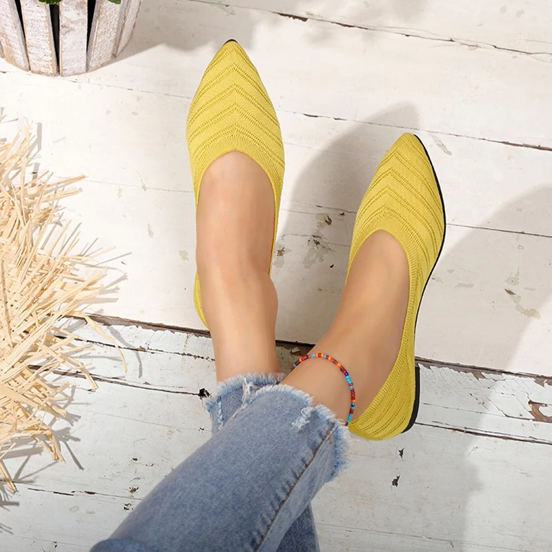 Damskie płaskie buty ze szpiczastym noskiem Jednokolorowe dzianinowe buty wsuwane Casualowe oddychające baletki Damskie płaskie buty Loafers Women W