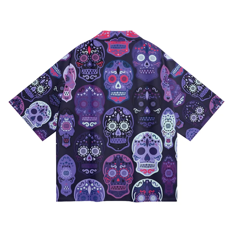 Chinese Style Skull Print Summer New Kimono Do-rag Men's Seven-quarter Sleeve Cardigan and Fez Shirt Men's Loose Jacket Tops