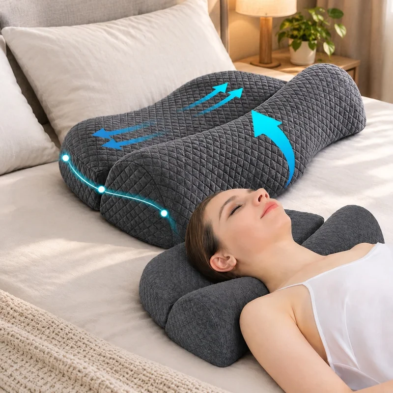 Contour-shaped pillow designed for neck and shoulder support to enhance posture and promote restful sleep