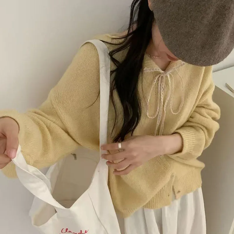 

Womens Bandage Lace Lapel Sweaters Autumn Winter New Solid Color Versatile Soft Knitwear Woman Long Sleeve Knitting Cardigan