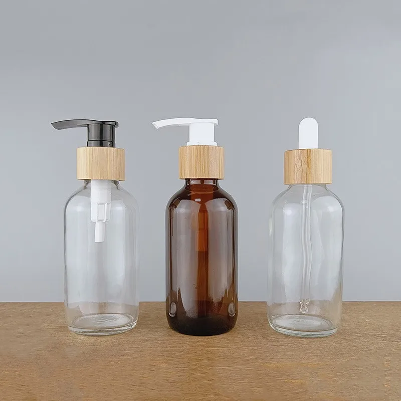 Amber Boston round glass bottle hand soap bottle Cosmetic Packaging Empty Glass Lotion Bottle with Bamboo Pump Bamboo Cap boston