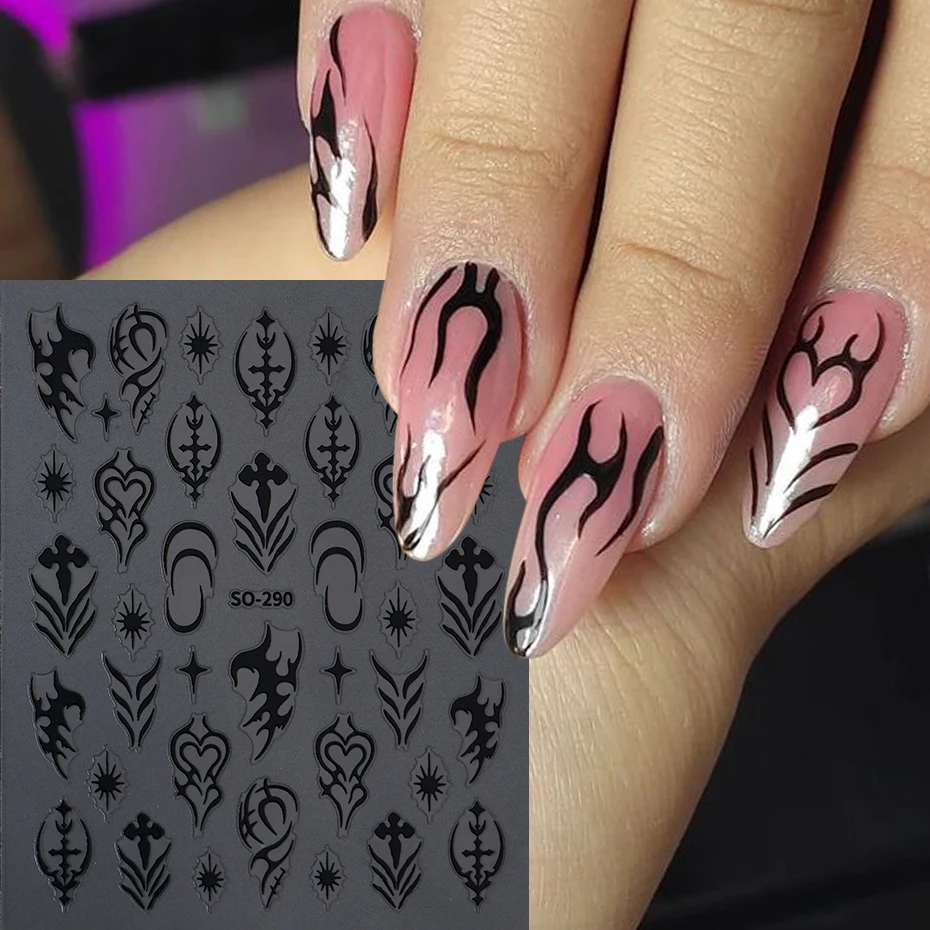 5 pcs Gothic Silvery Golden Metal Line Nail Stickers Black White Heart Stars Adhesive Nail Designs Y2K Laser Wave Nail Decor