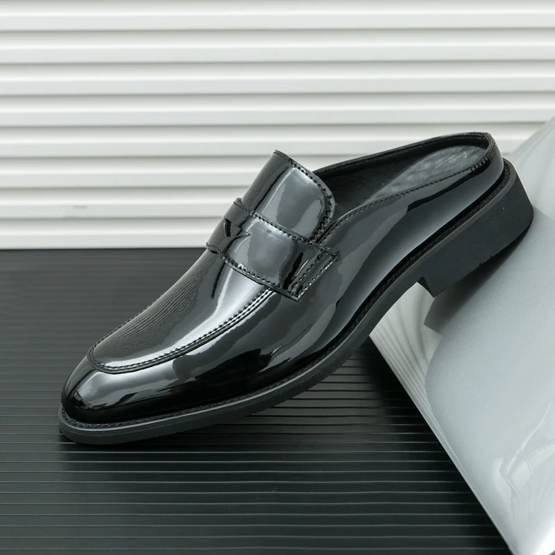 38-46 Men Retro Half Dragged Leather Shoes Lacquer Leather One Step Stepping Business High Quality Hairstylist Leather Shoes