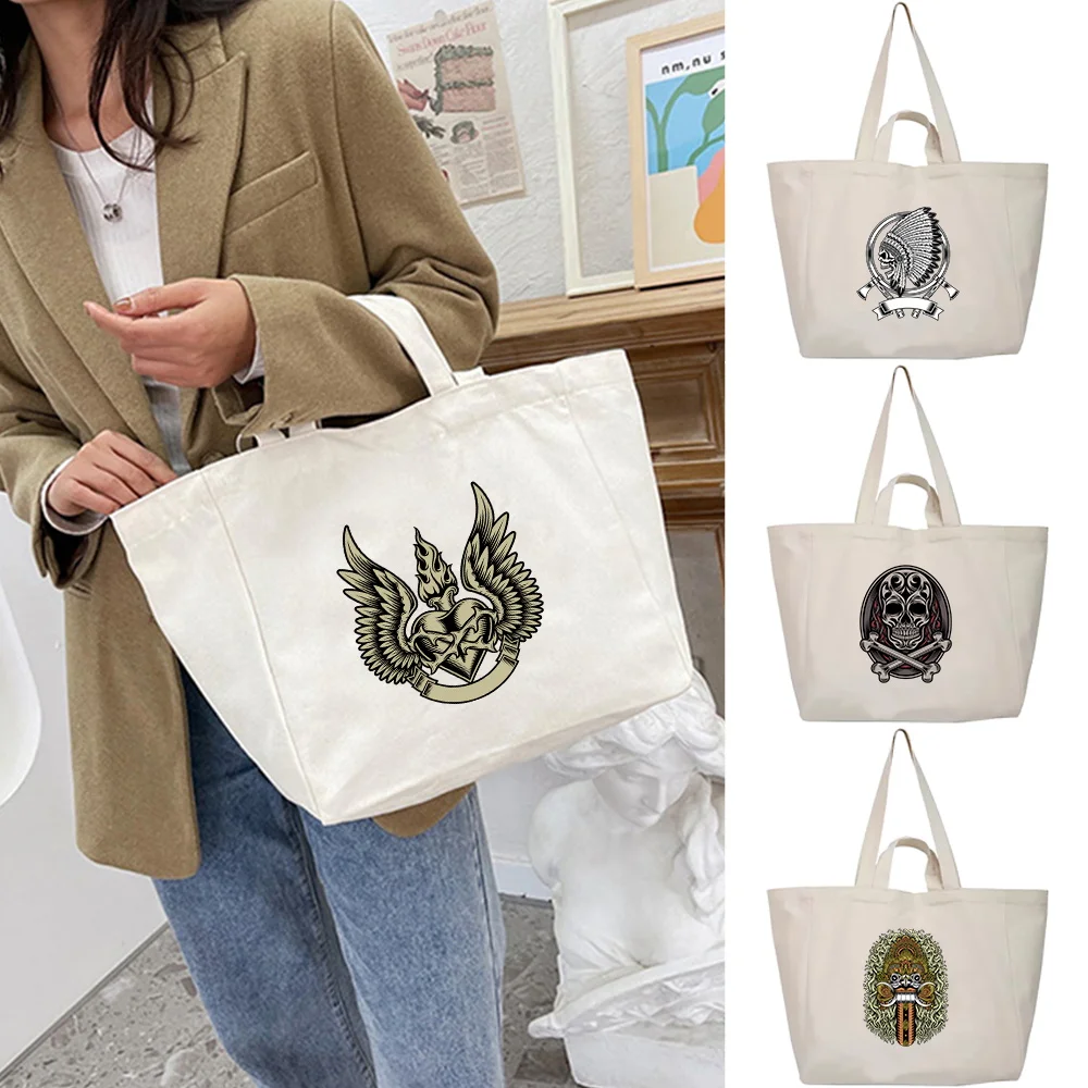 Shoulder Shopping Bag Travel Canvas Tote Bags Handbag 2024 Women Korean System Harajuku Casual Wild Skull Print Storage Packet