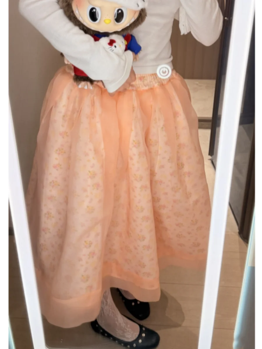 Elegant Floral Print Half Skirt Elastic Waist Puffy Skirt Multi-Layered Tulle Japanese Style New Arrival for Ladies