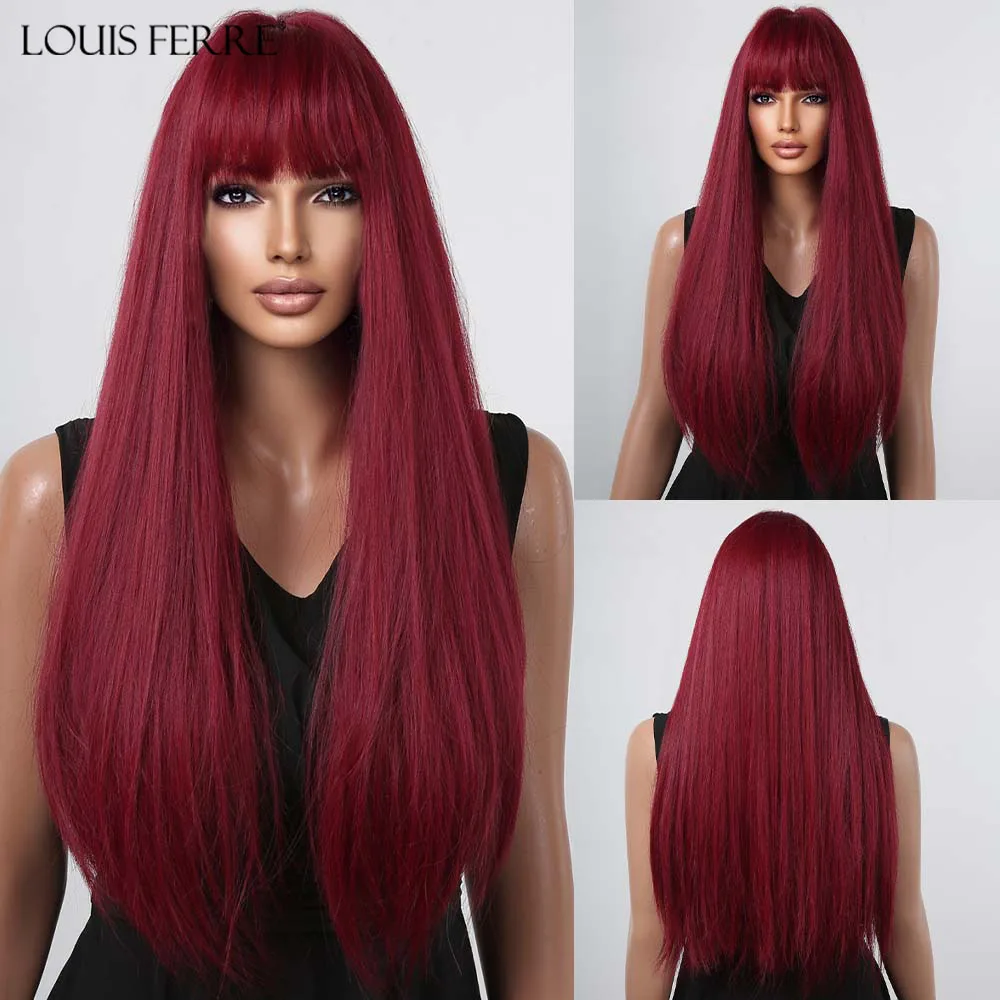 LOUIS FERRE Long Red Straight Synthetic Wigs With Bangs Wine Red Hair Wig for Women Halloween Cosplay Use Heat Resistant Wig